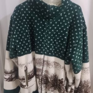 St. Johns Bay Men's Vintage Green Fleece Hoodie Zip Cabin Sherpa Nordic Print Md